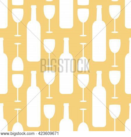 Wine Vector Seamless Pattern Background With Wine Bottles And Glasses Silhouettes, Icons.