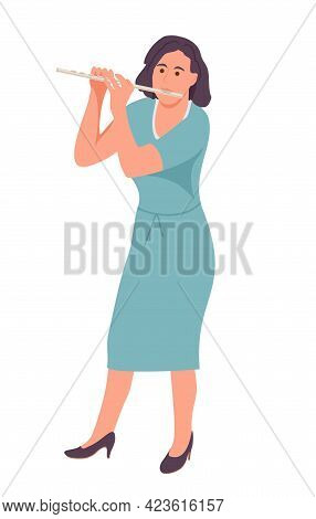 Woman Playing The Flute. Girl Playing Wind Musical Instrument. Woman With Flute Practicing Or Studyi
