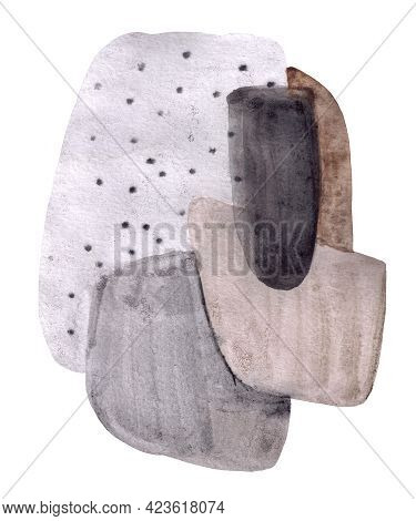 Hand Drawn Watercolor Composition Of Gray And Brown Stains Isolated On White Background