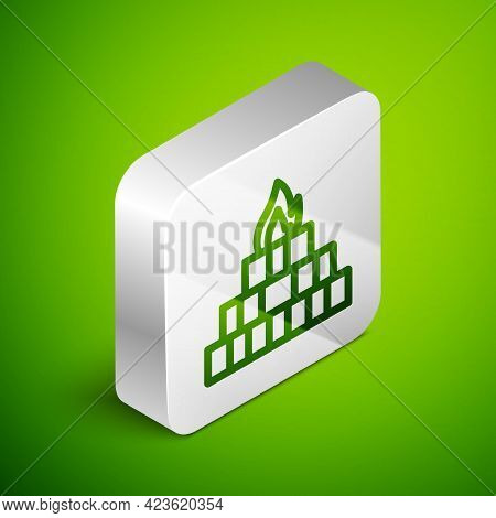 Isometric Line Yagna Icon Isolated On Green Background. Silver Square Button. Vector
