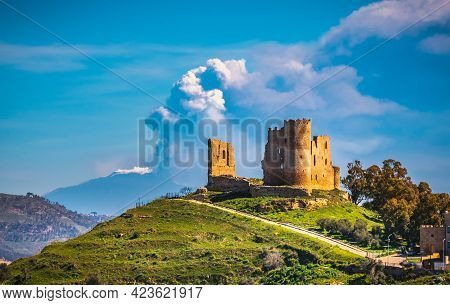 View Of Mazzarino Medieval Castle With The Mount Etna In The Background During The Eruption, Caltani