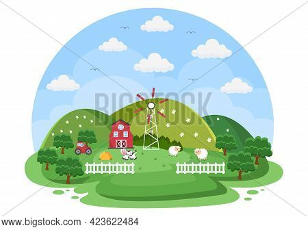 Cute Cartoon Farm Animals Vector Illustration With Cow, Horse, Chicken, Duck, Or Sheep. For Postcard