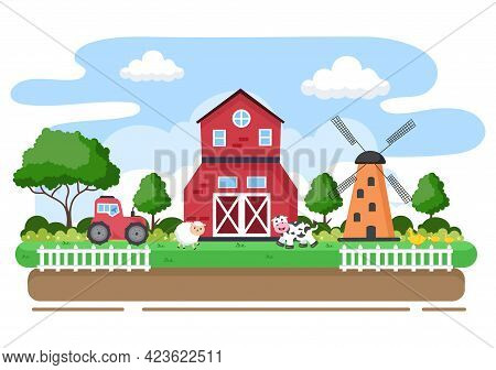 Cute Cartoon Farm Animals Vector Illustration With Cow, Horse, Chicken, Duck, Or Sheep. For Postcard