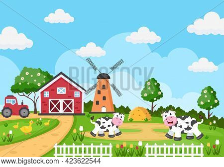 Cute Cartoon Farm Animals Vector Illustration With Cow, Horse, Chicken, Duck, Or Sheep. For Postcard