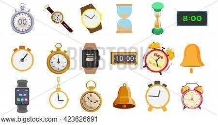 Clock Vector Clip Art Set With Watch, Smart Watch, Sandglass, Electronic Clock, Alarm Clock