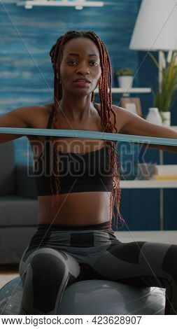 Trainer Slim Black Woman Recoring Online Yoga Training Using Videocamera During Morning Fitness Work