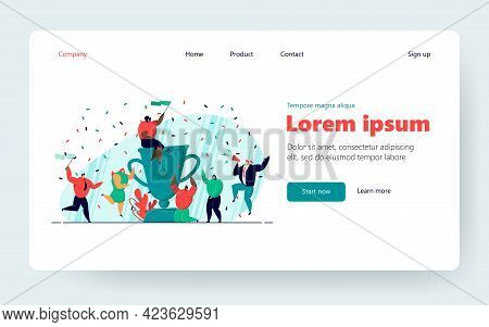 Business Team Giving Winning Party, Celebrating Success, Getting Reward, Dancing Around Huge Prize C