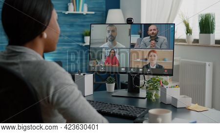 Black Student Waving High School Team Explaining Marketing Course Discussing Academic Webinar During