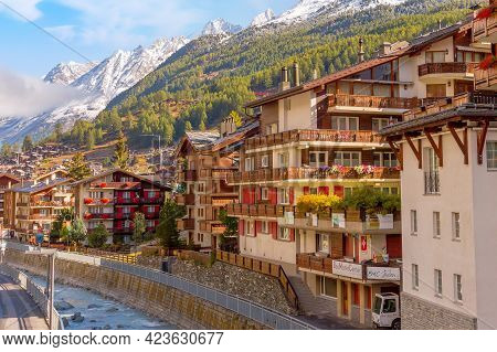 Zermatt , Switzerland - October 7, 2019: Traditional Wooden Houses, Alpine Village Autumn Panorama, 