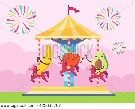 Banana, Apple And Avocado Characters Riding On Chairoplane. Happy Fruits Having Fun On Party Vector 