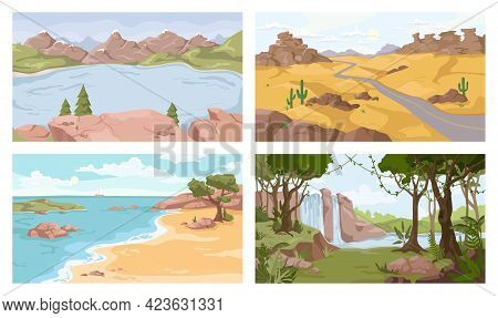 Landscapes Set. Desert, Sea And River, Waterfall, Sandy Desert. Mountains And Seashore, Wild Nature 