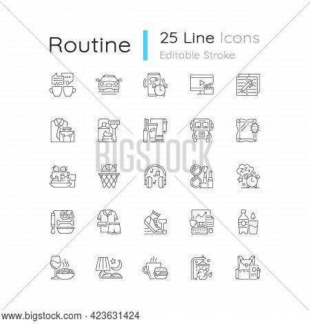 Everyday Routine Linear Icons Set. Alarm Clock. Coffee Break. Tranposrt For Transit To Work, School.