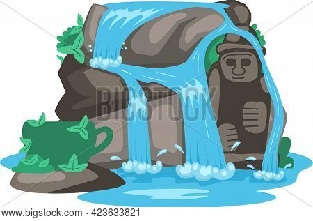 Rock, Stone Sculptures, Tropical River And Waterfall In Beautiful Mountains Landscape With Plants, R