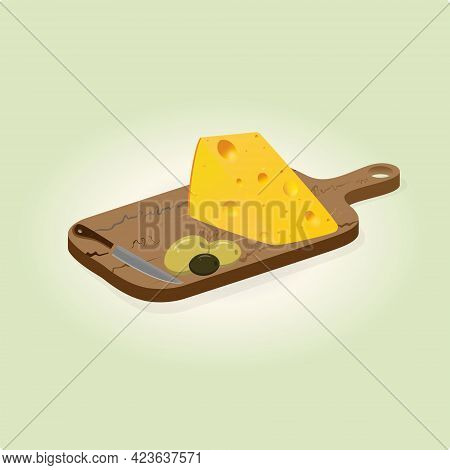 Vector Illustration: A Piece Of Cheese, A Knife And Olives On A Wooden Cutting Board