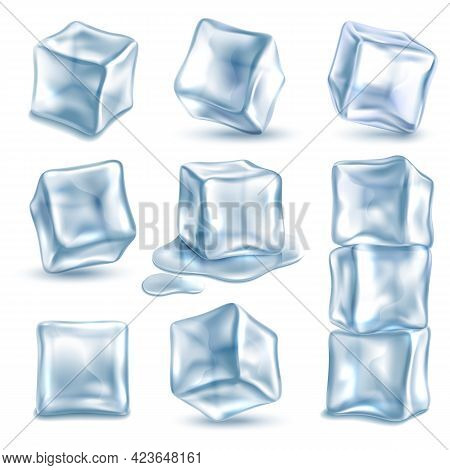 Cubes Ice. 3d Ice Piece Different Angles For Cold Drinks, Transparent Frozen And Melted Clear Water 