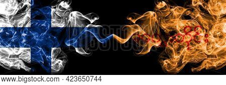 Finland, Finnish Vs Myanmar, Magway Division Smoky Flags Side By Side.
