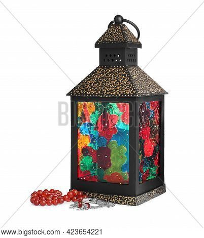 Decorative Arabic Lantern And Misbaha On White Background