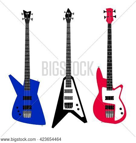 Electric Guitar Set. Cartoon Musical Instruments For Playing Rock And Metal Songs On Concert, Vector