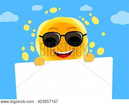 Sunny Holds A White Piece Of Paper Empty. Yellow Cute Sunshine Cartoon Character.