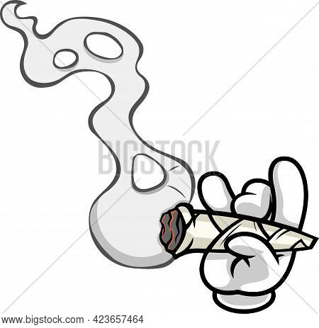Cartoon Hand With Glove Holding A Marijuana Cannabis Cigarette Joint With Smoke. Raster Hand Drawn I