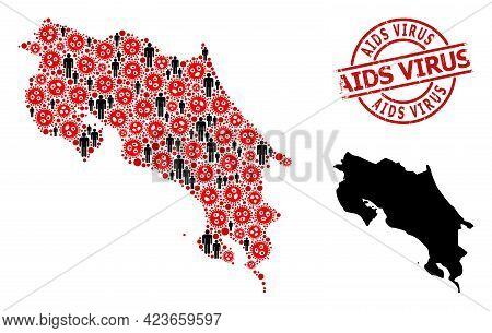 Mosaic Map Of Costa Rica Designed From Covid Virus Elements And Demographics Icons. Aids Virus Distr