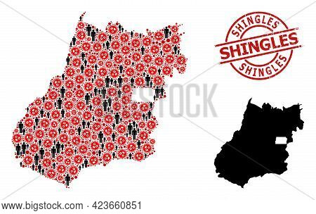 Collage Map Of Goias State Composed Of Coronavirus Items And Men Elements. Shingles Grunge Stamp. Bl