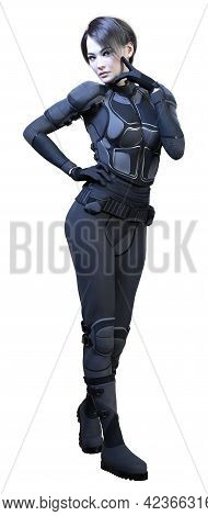 3D Rendering Female Sceince Fiction Warrior On White