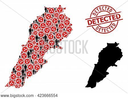 Collage Map Of Lebanon Designed From Sars Virus Elements And Men Icons. Detected Scratched Stamp. Bl