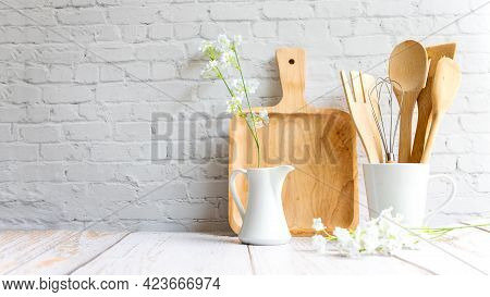 Kitchen Tools And Kitchenware Utensil Object On Kitchen Shelf Wood White For Healthy Eat And Health 