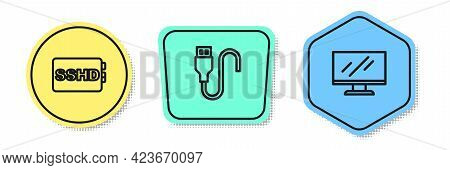 Set Line Sshd Card, Usb Cable Cord And Computer Monitor Screen. Colored Shapes. Vector