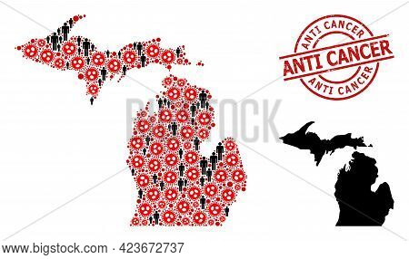 Collage Map Of Michigan State Composed Of Sars Virus Items And Men Items. Anti Cancer Textured Seal.