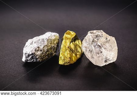 Rough Diamond Stone With Rough Nuggets Of Gold And Silver, Concept Of Gemstones And Minerology