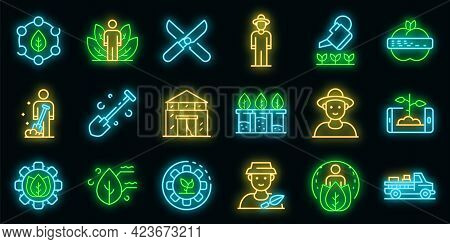Agronomist Icons Set. Outline Set Of Agronomist Vector Icons Neon Color On Black