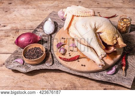 Raw Whole Chicken Carcass For Healthy Food Lifestyle With Red Onion, Garlic Cloves, Spices, And Sea