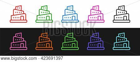 Set Line Babel Tower Bible Story Icon Isolated On Black And White Background. Vector