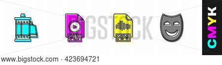 Set Camera Roll Cartridge, Flv File Document, Mp3 And Comedy Theatrical Mask Icon. Vector
