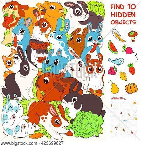 Group Of Rabbits. Find Cat. Find 10 Hidden Objects In The Picture. Puzzle Hidden Items. Funny Cartoo