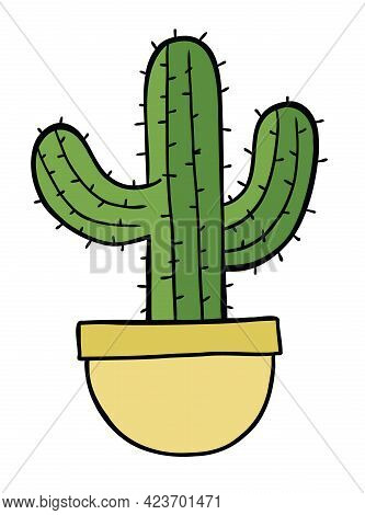 Cartoon Vector Illustration Of Cactus In Pot. Colored And Black Outlines.
