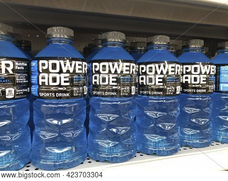 Indianapolis - Circa June 2021: Powerade Sports Drink Display. Powerade Replenishes Vitamins And Ele