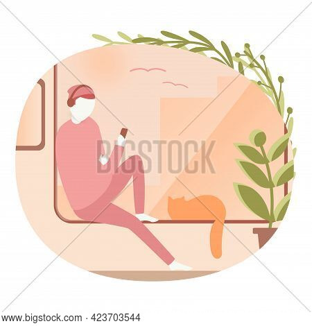 Lazy Teenage Student Sitting With A Smartphone On The Windowsill, Tied By The Wires Of A Technologic