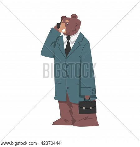 Bear Businessman Talking On Phone, Humanized Brown Animal Character In Business Suit Cartoon Vector 
