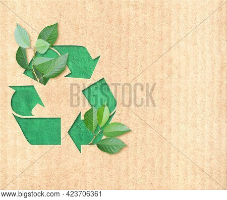 Arrows recycle symbol and green leaves on cardboard texture. Horizontal banner with eco paper texture. Paper cardboard background. Recycled carton material. Copy space for text. Mock up template