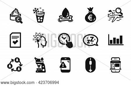 Vector Set Of Water Splash, Time Management And Money Bag Icons Simple Set. Microscope, Warning Mess