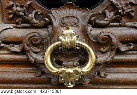 European Vintage Old Metal Wrought Iron Door Knocker. Design Detail. Paris.
