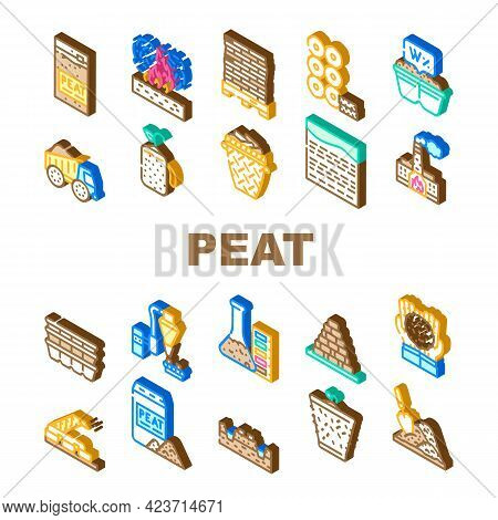 Peat Fuel Production Collection Icons Set Vector. Thermal Power Plant And Manufacturing Factory, Tru