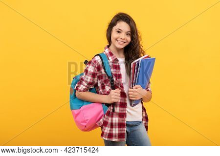 Day In High School. Schoolgirl With Notebook And Backpack. Back To School. Teen Girl Ready To Study