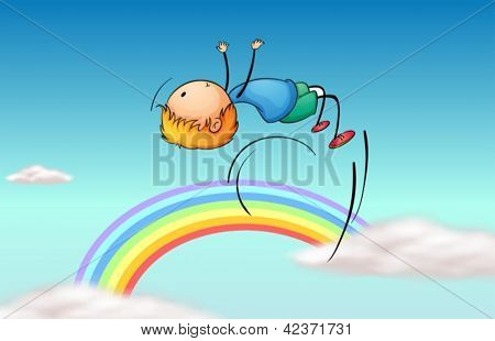 Ilustração de um menino pulando no céu e um arco-íris