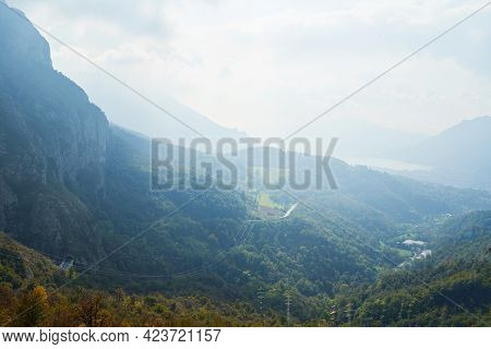 Picturesque Alpine Summer Countryside Landscape, Mountain Hills In Lombardy, Italy. Tourist Adventur