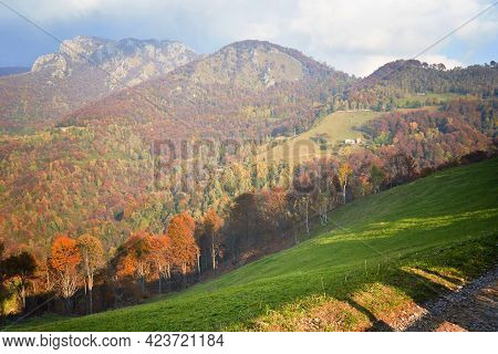 Picturesque Alpine Autumn Countryside Landscape, Mountain Hills. Tourist Adventure, Colorful Scene, 