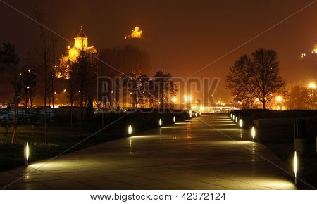 Night View Of Tbilisi Old Town With Ancient Churches, Castle And President Palace
